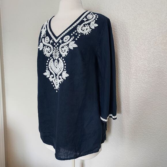 Charter Club Linen Luxury Blue Beaded Blouse Size LP - Picture 7 of 11